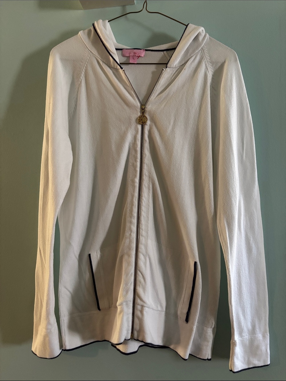 Lilly Pulitzer White Hooded Zip Jacket with Navy Blue Trim Large L